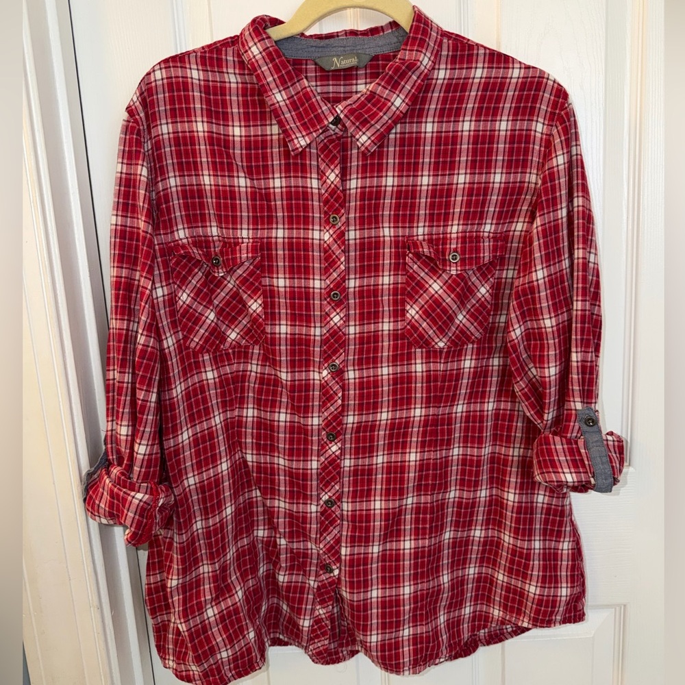 Natural Reflections Red Plaid Shirt w/Roll Tab Sleeves Sz 20